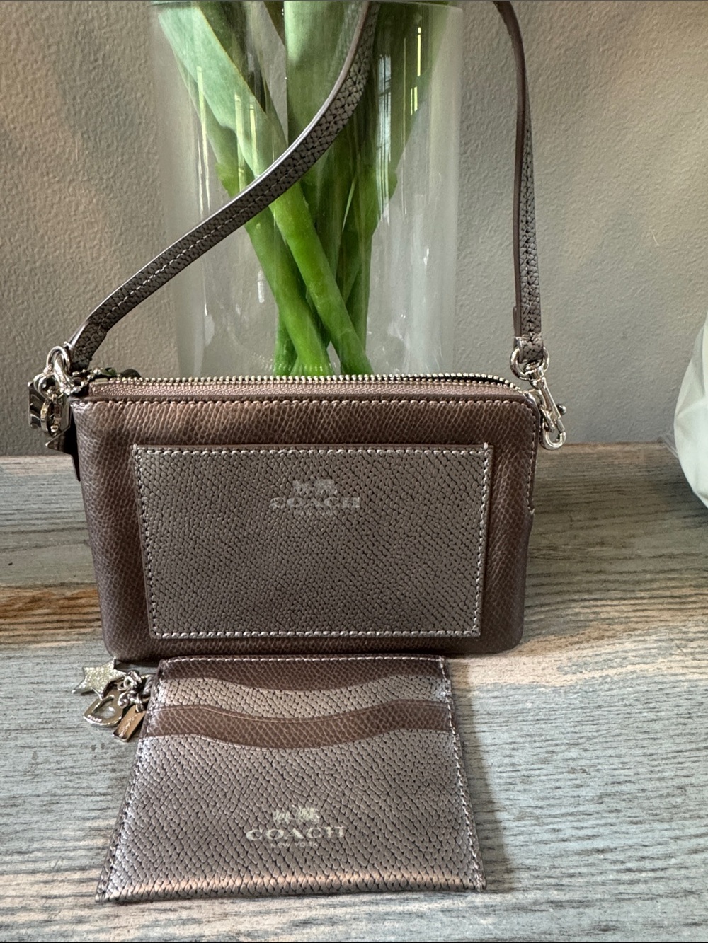 Coach Metallic Brown Leather Crossbody Wristlet with Card Case